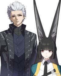  1boy 1girl absurdres animal_ears aqua_jacket asiri_senpai comically_large_ears black_coat black_necktie black_shirt bright_pupils coat collared_shirt commentary crossover devil_may_cry_(series) fox_ears fox_girl highres hoshimi_miyabi jacket necktie parted_lips red_eyes shirt short_hair simple_background twitter_username upper_body vergil_(devil_may_cry) very_long_ears weapon_connection white_background white_hair white_pupils white_shirt zenless_zone_zero 
