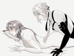  2girls animal_ears astra_yao blush braid braided_bun clothed_female_nude_female collared_shirt commentary completely_nude elbow_gloves english_commentary evelyn_chevalier gloves greyscale hair_bun half_updo highres long_hair lying monochrome multiple_girls necktie nude on_stomach parted_lips red_eyes shirt sols4rts sweat yuri zenless_zone_zero 