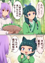  2girls :&lt; :3 animal_ears bamboo bamboo_forest basket beads blue_eyes blunt_bangs blush cat_ears chinese_clothes clenched_hands commentary_request crossover emphasis_lines forest freckles green_hair green_hanfu hair_beads hair_ornament hanfu highres holding holding_basket kemonomimi_mode kusuriya_no_hitorigoto long_hair looking_at_another maomao_(kusuriya_no_hitorigoto) multiple_girls nature outdoors purple_hair rabbit_ears red_eyes reisen_udongein_inaba speech_bubble suwaneko thought_bubble touhou translation_request 