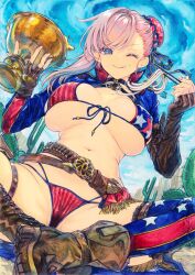  1girl american_flag american_flag_bikini american_flag_print asymmetrical_gloves bikini blue_eyes blush boots breasts bun_cover chikinan_tarou chopsticks cleavage fate/grand_order fate_(series) flag_print flag_print_bikini food gloves hair_bun highres large_breasts long_hair long_sleeves looking_at_viewer miyamoto_musashi_(fate) miyamoto_musashi_(fate/grand_order) miyamoto_musashi_(swimsuit_berserker)_(fate) miyamoto_musashi_(swimsuit_berserker)_(second_ascension)_(fate) navel noodles one_eye_closed painting_(medium) print_bikini single_side_bun smile solo swept_bangs swimsuit thigh_boots thighhighs thighs traditional_media watercolor_(medium) 