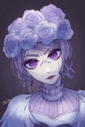 1girl bridal_veil cheesecaked23 disneyland eyelashes flower flower_wreath ghost_girl head_wreath heart-shaped_lock highres keyhole lipstick looking_at_viewer makeup purple_eyes purple_flower purple_rose ribs rose see-through_clothes short_hair solo the_bride_(disneyland) the_haunted_mansion veil white_flower white_rose