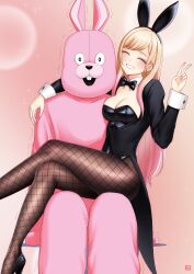  1boy 1girl animal_costume animal_ears arm_behind_head black_coat black_leotard black_pantyhose blonde_hair breasts cleavage closed_eyes coat fake_animal_ears finalcake fishnet_pantyhose fishnets gradient_hair highres kitagawa_marin leotard mascot_costume medium_breasts multicolored_hair pantyhose parted_lips pink_background pink_hair playboy_bunny rabbit_costume rabbit_ears simple_background sitting sitting_on_lap sitting_on_person smile sono_bisque_doll_wa_koi_wo_suru trembling 