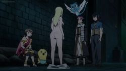  2boys 2girls animal animated anime_screenshot ass back backboob black_hair blonde_hair blue_shirt blush breasts brown_hair butt_crack cat completely_nude covering_breasts covering_privates eclair_(fairy_tail) embarrassed fairy_tail fairy_tail_houou_no_miko feet feet_up from_behind gray_fullbuster happy_(fairy_tail) highres huge_ass large_breasts long_hair lucy_heartfilia momon_(fairy_tail) multiple_boys multiple_girls natsu_dragneel nude open_mouth outdoors pink_hair scarf screaming shirt sideboob sound squatting standing thighs towel towel_slip video white_scarf wide_hips wings 