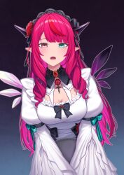  1girl absurdres black_background blue_eyes blunt_bangs breasts chest_bow cleavage commentary crystal_wings drill_hair drill_sidelocks empty_eyes frilled_shirt frills gradient_background grey_background heterochromia highres holding holding_tray hololive hololive_english horns irys_(hololive) irys_(maid)_(hololive) juliet_sleeves lace-trimmed_collar lace_trim large_breasts long_hair long_sleeves looking_at_viewer multicolored_hair official_alternate_costume official_alternate_hairstyle open_mouth pointy_ears puffy_sleeves purple_eyes red_hair resu_desu shirt sidelocks simple_background solo star-shaped_pupils star_(symbol) streaked_hair symbol-shaped_pupils tray virtual_youtuber white_shirt wide_sleeves 