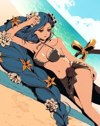  1girl arm_support bare_shoulders beach bikini black_bikini black_choker black_flower braid braided_ponytail breasts choker cleavage cloud cloudy_sky collarbone dizzy_(guilty_gear) flower guilty_gear guilty_gear_strive hair_flower hair_ornament large_breasts long_hair low-tied_long_hair lying mature_female midriff moshimoshibe navel ocean on_side open_mouth queen_dizzy red_eyes ribbon skirt sky solo swept_bangs swimsuit tail tail_ornament tail_ribbon thick_eyelashes thick_thighs thighs towel white_flower wind wind_lift yellow_flower 