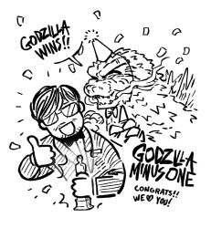  2024 2boys :3 the_academy_awards award bow bowtie claws closed_eyes company_connection congratulations dinosaur english_text giant giant_monster glasses godzilla godzilla_(series) godzilla_minus_one happy highres holding holding_trophy hollywood kaiju looking_at_another looking_at_viewer monochrome monster multiple_boys ok_sign quazieart real_life sharp_teeth spikes standing surprised teeth toho trophy yamazaki_takashi_(director) 