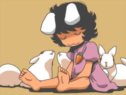  1girl :3 animal_ears barefoot black_hair brown_background carrot_necklace closed_eyes closed_mouth commentary_request dress floppy_ears full_body inaba_tewi jewelry necklace onikobe_rin pink_dress puffy_short_sleeves puffy_sleeves rabbit rabbit_ears rabbit_girl rabbit_tail short_hair short_sleeves simple_background sitting smile solo tail touhou 