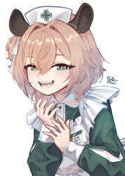  1girl animal_ears apron artist_name brown_hair double-parted_bangs dress frilled_apron frills green_dress green_eyes hair_between_eyes hair_intakes hair_ribbon hands_up hat high_side_ponytail highres indie_virtual_youtuber lapwing_(vrchat) looking_at_viewer name_tag nimi_nightmare nurse_cap open_mouth pink_nails puffy_sleeves ribbon rollerman short_hair simple_background smile solo tapir_ears teeth upper_body virtual_youtuber white_apron white_background 