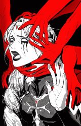  baldur&#039;s_gate baldur&#039;s_gate_3 black_background black_lips circlet crutch_c dungeons_&_dragons dungeons_&amp;_dragons highres long_hair makeup open_mouth orin_the_red runny_makeup solo_focus spot_color upper_body 