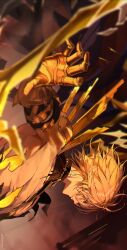  1boy 9boksen absurdres alternate_form bare_pectorals black_shirt blonde_hair cracked_skin hair_between_eyes halo halo_behind_head hashtag-only_commentary highres honkai:_star_rail honkai_(series) male_focus material_growth pectorals phainon_(honkai:_star_rail) phainon_(khaslana)_(honkai:_star_rail) shirt short_hair solo spiked_hair torn_clothes torn_shirt yellow_blood yellow_eyes 