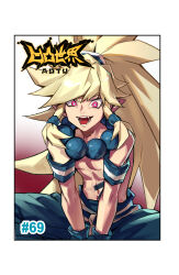  1boy abs aotu_world armband bead_necklace beads big_hair blonde_hair border chinese_commentary copyright_name fangs gloves green_gloves green_pants hair_tubes highres indian_style jewelry long_hair looking_at_viewer male_focus navel necklace numbered official_art open_mouth pants pectorals pelley_(aotu_world) pink_eyes pointy_ears ponytail qi_chuang_she sitting smile solo spiked_hair stomach_tattoo tattoo teeth topless_male very_long_hair 