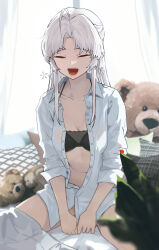 1girl absurdres backlighting black_bra blurry blurry_foreground bra breasts carlotta_(wuthering_waves) closed_eyes collarbone commentary curtains english_commentary facing_viewer highres long_hair medium_breasts mole mole_on_thigh mole_under_breast naked_shirt navel on_bed open_clothes open_mouth open_shirt parted_bangs pillow revision ryeon_(naturesan) shirt sitting sleeves_rolled_up solo squeans stomach stuffed_animal stuffed_toy tearing_up teddy_bear underwear waking_up wariza white_hair white_shirt window wuthering_waves yawning rating:Questionable score:25 user:danbooru