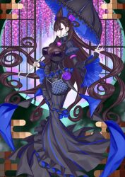  1girl bag black_corset black_dress black_umbrella breasts brown_hair center-flap_bangs corset double_bun dress fate/grand_order fate_(series) floating_hair frilled_dress frills game_cg hair_between_eyes hair_bun hair_ornament handbag hands_up high_collar holding holding_umbrella honjou_raita juliet_sleeves large_breasts layered_sleeves long_dress long_hair long_sleeves looking_at_viewer murasaki_shikibu_(fate) murasaki_shikibu_(first_ascension)_(fate) official_art parasol parted_lips puffy_sleeves purple_eyes sleeves_past_wrists solo third-party_source umbrella underbust variant_set very_long_hair wide_sleeves 