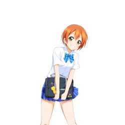  1girl bag bag_charm blue_bow blue_bowtie blue_skirt blush bow bowtie brown_cat charm_(object) cowboy_shot diagonal-striped_bow diagonal-striped_bowtie diagonal-striped_clothes dress_shirt grin holding holding_bag hoshizora_rin looking_at_viewer love_live! love_live!_school_idol_festival love_live!_school_idol_project miniskirt official_art orange_hair otonokizaka_school_uniform plaid_clothes plaid_skirt pleated_skirt school_bag school_uniform shirt short_hair short_sleeves skirt smile solo standing striped_clothes stuffed_animal stuffed_cat stuffed_toy summer_uniform transparent_background white_shirt yellow_eyes 