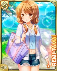 1girl :d bag bare_legs blue_shorts brown_eyes brown_hair card_(medium) day female_focus forest girlfriend_(kari) looking_at_viewer low_twintails nature official_art open_mouth outdoors qp:flapper shirt shorts smile solo standing summer tamai_remi twintails white_shirt