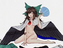  1girl arm_tattoo barefoot black_wings blush bow breasts cape cosmos_0131 full_body green_bow groin hair_bow half-closed_eye hand_fan hand_up highres holding holding_fan hot large_bow long_hair looking_to_the_side messy_hair naked_cape navel nude open_mouth outstretched_arm parted_bangs radiation_symbol red_eyes reiuji_utsuho sitting slit_pupils small_breasts solo stomach sweat tattoo third_eye touhou unworn_clothes watermark watermark_grid white_cape wings 