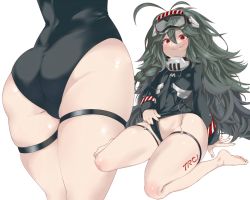  1girl @_@ antenna_hair ass ass_focus azur_lane blush bodysuit clothes_pull dark_green_hair diving_mask diving_mask_on_head diving_suit embarrassed from_behind goggles goggles_on_head highleg highleg_one-piece_swimsuit leg_tattoo long_hair looking_at_viewer multiple_views one-piece_swimsuit one-piece_swimsuit_pull ringed_eyes shiny_skin simple_background sin_pentagram sitting skindentation swimsuit tattoo thick_thighs thigh_strap thighs torricelli_(azur_lane) wariza wetsuit white_background wide_hips  rating:Questionable score:114 user:danbooru