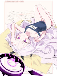  1girl absurdres ahoge black_halo blue_archive blush breasts demon_girl demon_horns demon_wings halo highres hina_(blue_archive) hina_(swimsuit)_(blue_archive) horns long_hair looking_at_viewer lying purple_eyes ryp school_swimsuit small_breasts solo swimsuit white_hair wings 