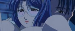  1boy 1girl anime_screenshot black_eyes black_hair blue_eyes blush bra bra_lift breasts breasts_out glasses huge_breasts lingeries lingeries_office lipstick makeup medium_hair sakurai_chisa stitched third-party_edit underwear 