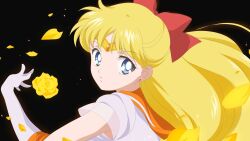  1girl aino_minako bad_id bad_twitter_id bishoujo_senshi_sailor_moon bishoujo_senshi_sailor_moon_crystal black_background blonde_hair blue_eyes bow circlet commentary derivative_work earrings elbow_gloves english_commentary expressionless eyelashes floating_hair flower gloves hair_bow highres honeymoonpetal jewelry leotard light_particles lips long_hair magical_girl official_style orange_sailor_collar outstretched_arm parted_lips petals red_bow rose rose_petals sailor_collar sailor_senshi_uniform sailor_venus screenshot_redraw short_sleeves simple_background sleeved_leotard solo stud_earrings tareme upper_body very_long_hair white_gloves white_leotard yellow_flower yellow_rose 