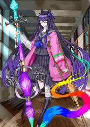  1girl arm_at_side bandaged_arm bandaged_leg bandaged_neck bandages black-framed_eyewear black_sailor_collar black_serafuku black_shirt black_skirt black_socks blue_neckerchief blue_ribbon blunt_bangs breasts brown_shoes buttons coat crutch double_bun eyepatch fate/grand_order fate_(series) floating_hair foot_out_of_frame game_cg glasses hair_bun hair_ribbon hand_up holding holding_brush holding_crutch honjou_raita indoors kneehighs large_breasts light_rays long_hair long_sidelocks long_sleeves looking_at_viewer medical_eyepatch medium_skirt murasaki_shikibu_(fate) murasaki_shikibu_(swimsuit_rider)_(fate) murasaki_shikibu_(swimsuit_rider)_(second_ascension)_(fate) neckerchief official_art one_eye_covered open_clothes open_coat oversized_object parted_lips pink_coat pleated_skirt pocket purple_eyes purple_hair rectangular_eyewear ribbon sailor_collar school school_uniform serafuku shirt shoes sidelocks skirt skirt_set sleeve_rolled_up socks solo third-party_source unbuttoned variant_set very_long_hair window 