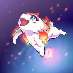  absurdres blue_eyes dragon dragon_village_(series) dragon_village_collection earrings eastern_dragon flower full_body highres jewelry lantern_earrings lotus lotus_fire_dragon_(lotus)_(dragon_village) moonnelno no_humans outdoors ripples star_(sky) water 