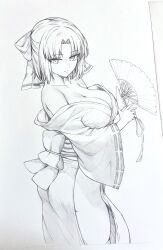  1girl ass bow breasts cleavage closed_mouth collarbone commentary_request curtained_hair folding graphite_(medium) greyscale hand_fan highres holding holding_fan huge_breasts japanese_clothes kimono large_breasts looking_at_viewer low_neckline medium_hair monochrome ribbon-trimmed_kimono ribbon_trim seishun_dendeke senran_kagura solo standing traditional_media wide_sleeves yumi_(senran_kagura) 