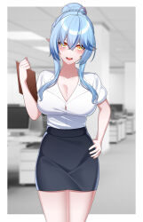  1girl absurdres ahoge black_skirt blue_hair blurry blurry_background breasts cleavage cowboy_shot hair_bun heart heart_ahoge highres hololive large_breasts leiva office_lady shirt skirt solo virtual_youtuber white_shirt yukihana_lamy 