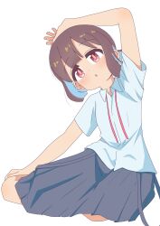  1girl absurdres arm_up bare_arms black_skirt blue_hair brown_hair commentary dot_nose full_body hand_on_own_leg head_tilt highres hozuki_momiji light_blush looking_at_viewer multicolored_hair neck_ribbon onii-chan_wa_oshimai! open_mouth pleated_skirt ponytail red_eyes red_ribbon ribbon school_uniform shirt short_hair short_ponytail short_sleeves simple_background sitting skirt solo suspenders_removed two-tone_hair undone_neck_ribbon untucked_shirt wall228090611 white_background white_shirt wing_collar yokozuwari 