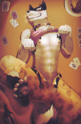  1boy abs animal_ears bare_pectorals biceps black_fur card claws clothes_lift commentary_request dog_boy dog_ears dog_tail doggo_(undertale) fangs furry furry_male grin highres k0bit0wani looking_at_viewer male_focus multicolored_fur navel nipples open_pants pants paw_pose pawpads pectorals pink_tank_top playing_card pubic_hair pubic_hair_peek shirt_lift smile tail tank_top toned toned_male undertale white_fur yellow_pants 
