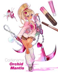  1girl absurdres bag blonde_hair blood blood_on_clothes bloody_weapon botjira bow brown_skirt candy cardigan commentary cosmetics cute_weapon dark-skinned_female dark_skin ear_piercing earrings english_text fingernails flower_earrings food gyaru hair_bow hair_ornament hair_scrunchie hairclip highres hime_gyaru holding holding_weapon jewelry kusarigama leg_warmers lipgloss loafers lollipop long_eyelashes long_fingernails long_hair looking_at_viewer miniskirt mole mole_on_cheek motion_blur multicolored_nails nail_polish_bottle orchid_mantis original piercing pink_blood pink_bow pink_cardigan pink_eyes pink_scrunchie pleated_skirt ponytail school_bag scrunchie shirt shoes sickle simple_background skirt solo symbol-only_commentary weapon white_background white_leg_warmers 