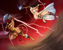 2girls ankh armlet armpits axe battle black_hair blue_eyes boots bracelet breasts cleavage covered_erect_nipples cow_horns cow_tail curvy devil-v ear_piercing excellia_(onikumomaru) eyeshadow farah full_body hair_over_one_eye highres holding holding_staff holding_weapon horns jewelry large_breasts legend_of_queen_opala long_hair looking_at_another makeup minotaur monster_girl multiple_girls muscular muscular_female open_mouth pasties piercing pointy_ears red_hair revealing_clothes scar shiny_skin staff tail tattoo thick_thighs thigh_strap thighs weapon yellow_eyes rating:Sensitive score:77 user:danbooru