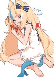  1girl absurdres animal_ears barefoot blonde_hair blue_eyes blush feet fish_tail highres indie_virtual_youtuber long_hair looking_at_viewer open_mouth pompmaker1 sameko_saba shark_tail soles tail toes 