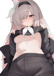  1girl absurdres black_eyes black_hairband black_jacket black_pantyhose black_shirt blue_archive blush braid breasts clothes_lift colored_inner_hair eyelashes eyes_visible_through_hair from_below grey_hair hair_over_one_eye hair_ribbon hairband halo highres jacket koba_(kobako42) loli long_hair looking_at_viewer multicolored_hair navel no_bra no_pants panties panties_under_pantyhose pantyhose pink_hair plana_(blue_archive) red_halo ribbon shirt shirt_lift single_braid solo sweatdrop two-tone_hair underboob underwear very_long_hair white_ribbon 