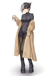  1girl absurdres alternate_costume black_boots black_dress black_hair black_nails black_pantyhose boots breasts brown_coat casperrin coat cup disposable_coffee_cup disposable_cup dress full_body grey_hair hair_bun hair_ornament hair_stick highres hololive hololive_english large_breasts multicolored_hair pantyhose shiori_novella simple_background solo split-color_hair standing sweater sweater_dress two-tone_hair virtual_youtuber white_background yellow_eyes 
