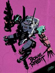  assault_rifle bowie_rabbit character_name cradle_coffin floating full_body gun gyoubu_ippei high_contrast highres holding holding_gun holding_weapon horns joints mecha mechanical_horns no_humans rifle robot robot_joints signature synduality synduality_noir walker_(robot) weapon  rating:General score:3 user:danbooru