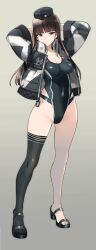 1girl arms_behind_head beret breasts brown_eyes brown_hair character_request cleavage covered_erect_nipples covered_navel feet girls_und_panzer hat highres jacket large_breasts legs long_hair looking_at_viewer nishizumi_shiho one-piece_swimsuit open_clothes open_jacket seductive_gaze seductive_smile shimada_fumikane smile solo swimsuit thighs