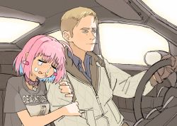  ahoge animal_collar arm_hug car cigarette collar collared_shirt crying death_grips drive_(movie) driving gloves hair_intakes highres jacket motor_vehicle movie_reference multicolored_hair pantsu-ripper pink_hair ryan_gosling shirt smoking tears two-tone_hair yumemi_riamu  rating:Sensitive score:71 user:danbooru