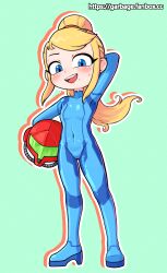  1girl :d absurdres arm_behind_head arm_up armpits blonde_hair blue_bodysuit blue_eyes blush bodysuit collarbone female_focus full_body garbageman green_background helmet highres holding holding_helmet loli long_hair looking_at_viewer metroid mole mole_under_mouth navel nintendo open_mouth samus_aran sidelocks simple_background smile solo standing sweat teeth thighs upper_teeth_only zero_suit 