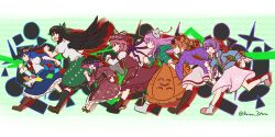  6+girls absurdres avian_zebra bird_wings black_hair black_hat black_socks black_wings blue_hair blue_shirt blue_skirt bowl bowl_hat brown_shoes bubble_skirt clothes_writing coat commentary dress drill_hair eyewear_on_head floral_print from_side full_body geta green_background green_shirt green_skirt gundam gundam_gquuuuuux hat hata_no_kokoro heart highres hinanawi_tenshi japanese_clothes kimono komeiji_satori long_hair long_sleeves mask mask_on_head mini_hat mini_top_hat mob_cap multiple_girls mystia_lorelei orange_eyes orange_hair pink_eyes pink_hair pink_skirt plaid_clothes plaid_shirt purple_coat purple_eyes purple_hair rainbow_order red_eyes red_kimono reiuji_utsuho running shirt shoes short_hair skirt socks sukuna_shinmyoumaru sunglasses sweatdrop third_eye top_hat touhou twitter_username white_dress white_shirt winged_hat wings yorigami_jo&#039;on 