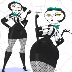 1girl aeolus aeolus06 anger_vein arm_up ass beret breasts cigarette cigarette_holder cleavage curvy disney elbow_gloves extra_arms extra_eyes eyeshadow female_focus fishnets gloves hat high_heels highres huge_ass james_and_the_giant_peach lipstick looking_at_viewer makeup medium_breasts middle_finger miss_spider scarf short_hair solo thick_thighs thighs wide_hips yellow_eyes
