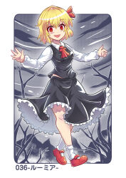  1girl ascot black_skirt black_vest blonde_hair breasts colonel_aki commentary_request hair_between_eyes hair_ribbon long_sleeves looking_at_viewer open_mouth red_eyes red_shoes ribbon rumia shoes short_hair skirt smile solo touhou translation_request vest 