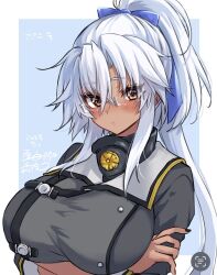  1girl black_nails blush breasts brown_eyes crossed_arms dark-skinned_female dark_skin dated glasses gradient_nails grey-framed_eyewear grey_hair grey_nails hair_between_eyes highres jewelry kantai_collection large_breasts long_hair looking_at_viewer mashiro_yukiya musashi_(kancolle) musashi_kai_ni_(kancolle) pointy_hair ponytail rectangular_eyewear rimless_eyewear ring sakuramon semi-rimless_eyewear signature solo upper_body very_long_hair wedding_ring 