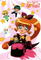 1990s_(style) 1girl animal asuka_daiki black_gloves blonde_hair blue_eyes bow bowtie character_name chibi elbow_gloves gloves hair_bow hat hedgehog highres holding holding_unworn_clothes holding_unworn_hat kaitou_saint_tail magical_girl magician mimori_seira official_art orange_hair ponytail retro_artstyle ruby_(kaitou_saint_tail) saint_tail scan shitajiki star_(symbol) star_symbol_background takamiya_rina third-party_source top_hat unworn_hat unworn_headwear