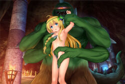 1girl blonde_hair blue_eyes blush braid completely_nude cyclops dungeon flat_chest glowing glowing_eyes hair_ornament highres iris_(konosuba) kono_subarashii_sekai_ni_shukufuku_wo! loli long_hair monster mutsuki_(moonknives) navel nipples nude one-eyed open_mouth restrained single_braid solo_focus rating:Questionable score:40 user:danbooru
