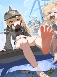  3girls :3 arm_support arms_at_sides arms_up bare_shoulders barefoot beige_shorts bird black_helmet black_jacket black_shirt black_tank_top blonde_hair bubble burnice_white chibi closed_eyes cloud combat_helmet crazy crop_top day dock eyewear_on_head fangs feet feet_in_water female_focus fish foot_focus gloves hand_to_own_mouth helmet highres holding_animal holding_bird jacket jitome light_blush long_hair long_sleeves looking_at_viewer luciana_de_montefio multiple_girls navel open_clothes open_jacket open_mouth orange-tinted_eyewear outdoors pickelhaube piper_wheel ponytail pout puffer_fish railing red_eyes running shark shirt shore short_ponytail short_shorts shorts shrimp side_ponytail sitting sky soles spaghetti_strap squid standing sunglasses sunglasses_on_head tank_top teeth tinted_eyewear toes tongue tongue_out unworn_eyewear upper_teeth_only v.a._(vanilla) water water_drop wet wind_turbine windmill yawning yellow_gloves zenless_zone_zero 