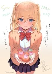  1girl blazer blonde_hair blue_eyes blue_skirt blush bow bowtie chocolate commentary_request copyright_name cowboy_shot happy_birthday happy_valentine highres jacket looking_at_viewer mixed-language_text obligation_chocolate official_art onishima_homare pleated_skirt red_bow red_bowtie sagara_riri school_uniform skirt solo sounan_desuka? standing translation_request twintails twitter_username valentine 