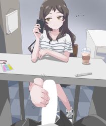  ... 1boy 1girl absurdres blank_censor bored brown_eyes brown_hair cellphone censored chair closed_mouth drink erection feet footjob hetero highres holding holding_phone idolmaster idolmaster_million_live! indoors kitazawa_shiho long_hair looking_at_phone multitasking ohgi910 on_chair pen penis phone pov pov_crotch shirt shoes short_sleeves sideways_glance single_bare_foot single_shoe sitting smartphone striped_clothes striped_shirt table toenails toes 