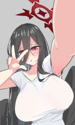 1girl alternate_costume armpit_peek armpits black_hair black_wings blue_archive blush breasts collarbone commentary hair_between_eyes halo hasumi_(blue_archive) highres large_breasts long_hair_between_eyes looking_at_viewer lyneriee mole mole_under_eye red_eyes selfie shirt short_sleeves simple_background solo t-shirt up_sleeve upper_body w w_over_eye white_shirt wings