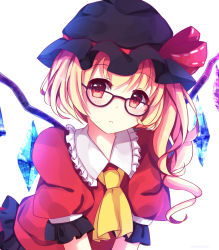  1girl :&lt; alternate_costume ascot asymmetrical_hair asymmetrical_wings bespectacled black_hat blonde_hair dress female_focus flandre_scarlet glasses hat heart heart-shaped_pupils looking_at_viewer mob_cap puffy_short_sleeves puffy_sleeves red_dress red_eyes short_hair short_sleeves side_ponytail solo solo_focus symbol-shaped_pupils touhou venn_(vebonbon) wings  rating:Sensitive score:10 user:danbooru